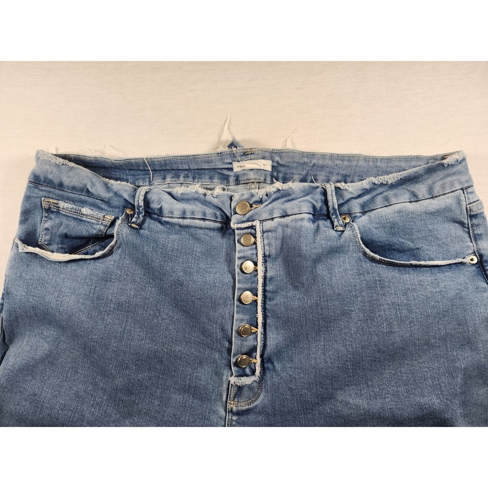 Good American Good Legs Flare Jeans Blue Button Fly Raw Hem Boho Chic Size 24 - Picture 8 of 10